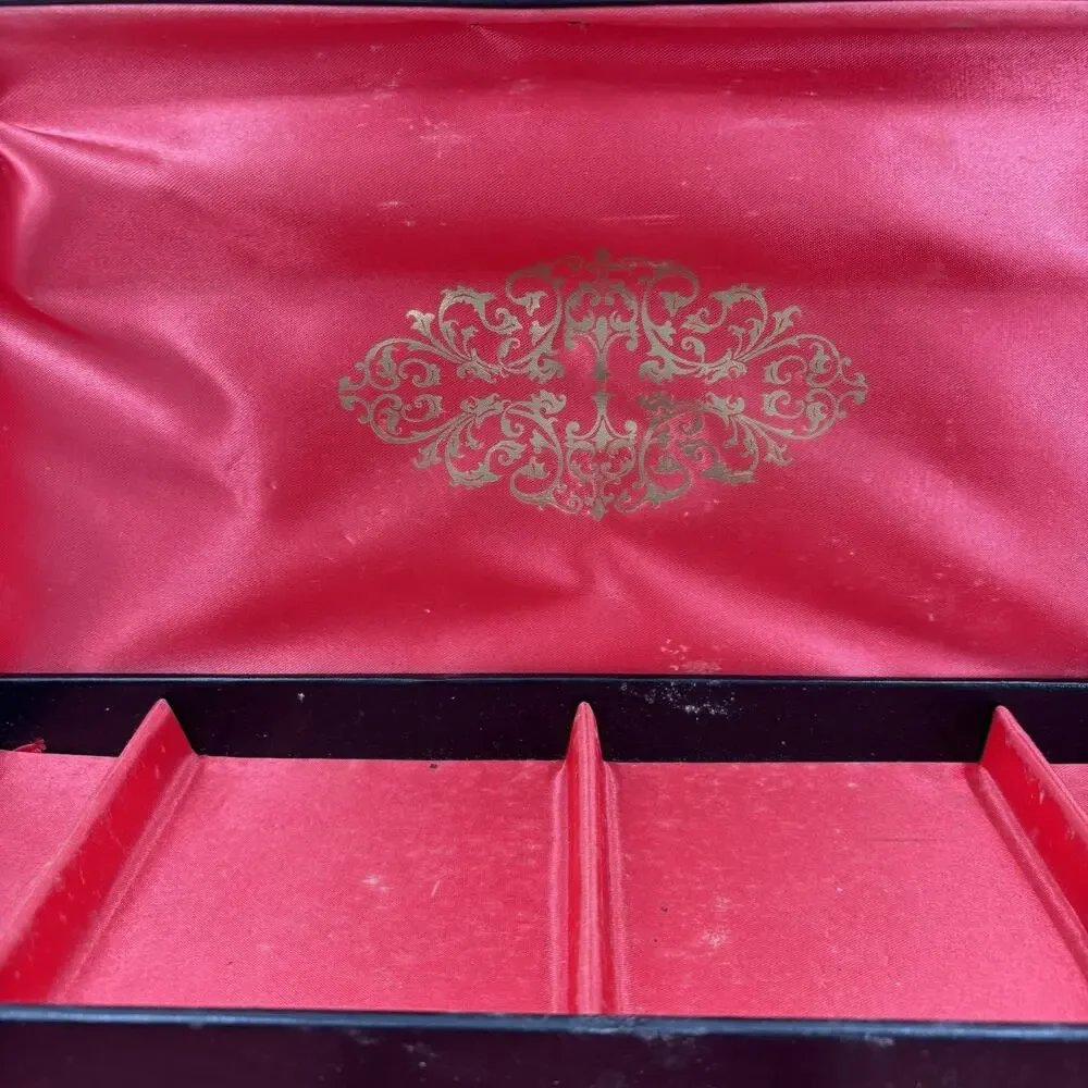 Vtg 2 Tier Jewelry Box Black Leathette Gold Stars Celestial 14x8.5